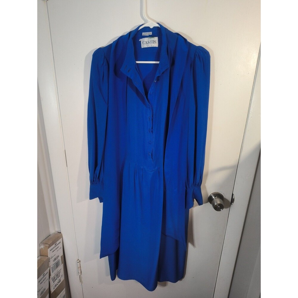 Vintage 80s Cassis Royal Blue Silk Secretary Dress Padded Shoulder Drop Waist...